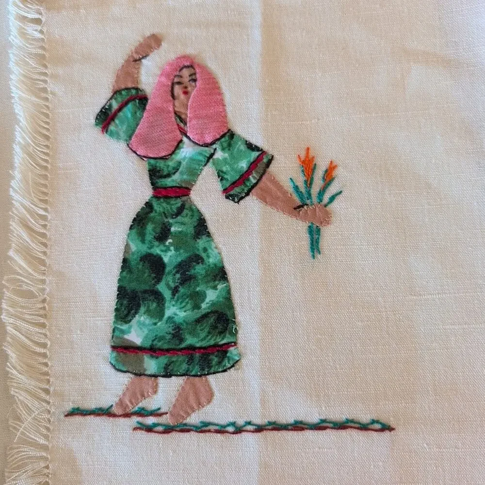Vintage set of 6 hand embroidered & appliqued placements, 7.5